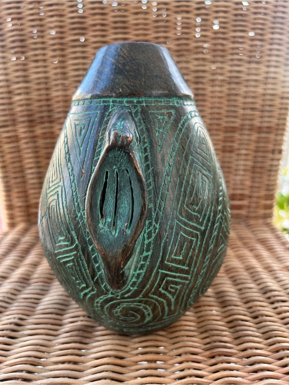 Vintage Marajoara Pottery Face Vase Brazil Amazonian Tribal Carved Geometric